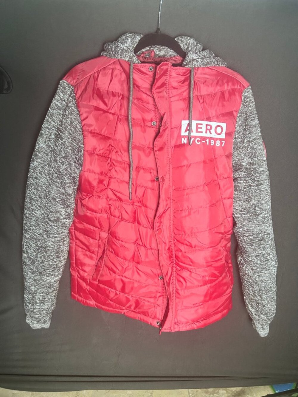 Aeropostale Hybrid Puffer Jacket Red Gray Hooded Men's L